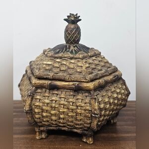 Unique Vintage Trinket Jewelry Box Chinese Style Woven Pineapple Lid Footed